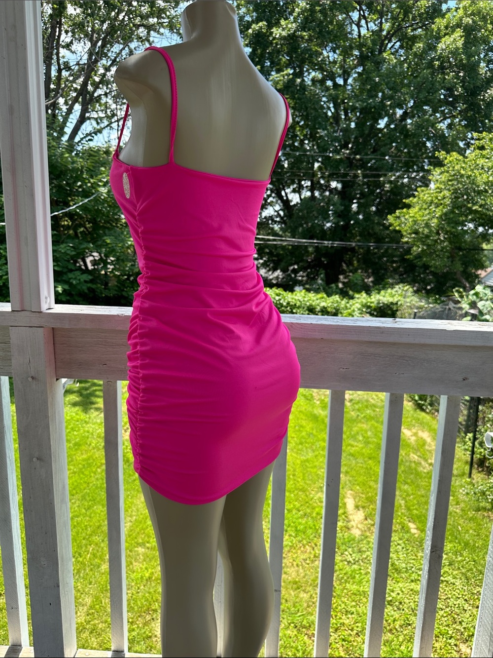 Hot Pink Ruched Bodycon Mini Dress - Picture 3 of 3